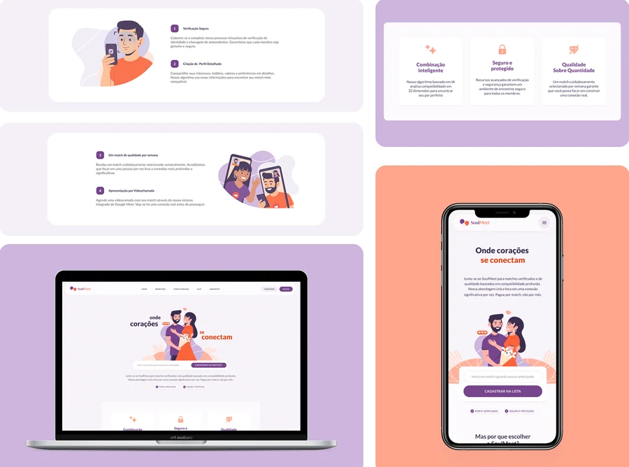 Telas do aplicativo Soulmeet e sua landing page
